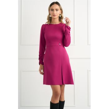 Rochie Moze office din stofa fucsia cu fronseuri pe maneci