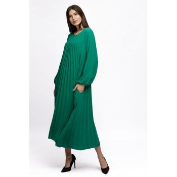 Rochie plisata A-line cu maneca lunga cu elastic, verde