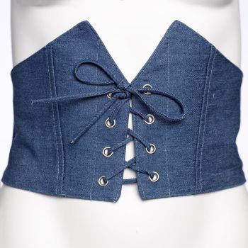 Centura corset, lata, din material jeans denim cu siret si capse mici