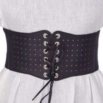 Centura corset lata din piele ecologica neagra perforata cu siret si capse mici