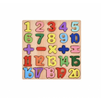 Puzzle incastru 3D cifre si semne matematice, din lemn, 20x20 cm