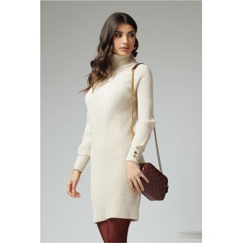 Rochie casual din tricot reiat ivory cu guler intors