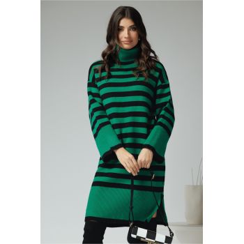 Rochie casual din tricot verde cu dungi negre