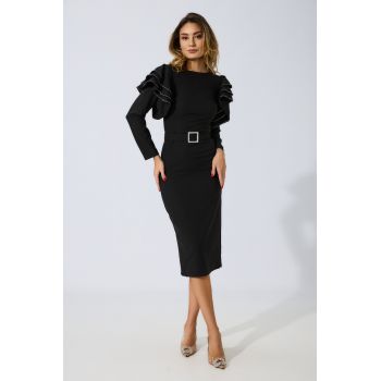 Rochie de ocazie din crepe cu volane si strass-uri Idette Neagra