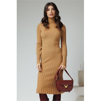 Rochie din tricot reia maro camel cu guler