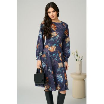 Rochie DY Fashion office din jerse bleumarin cu imprimeuri florale