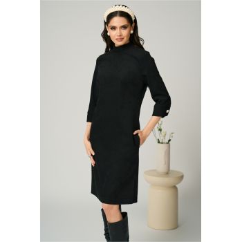 Rochie DY Fashion office din velur neagra simpla cu buzunare