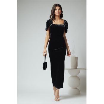 Rochie eleganta din catifea neagra cu strasuri la bust