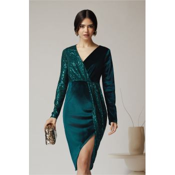 Rochie eleganta din catifea verde cu paiete pe o parte