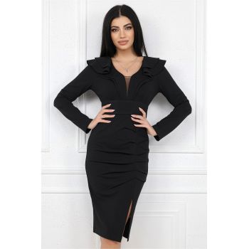 Rochie eleganta din stofa neagra cu volane la bust si fronseu pe fusta