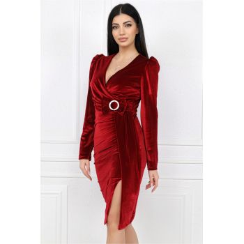 Rochie MBG eleganta de ocazie din catifea bordo cu catarama si funda in talie