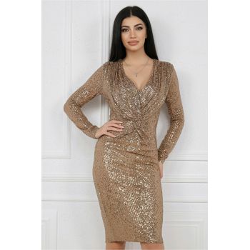 Rochie MBG eleganta din paiete aurii cu pliuri pe bust