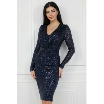 Rochie MBG eleganta din paiete bleumarin cu pliuri pe bust