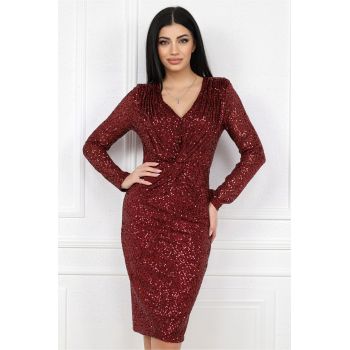 Rochie MBG eleganta din paiete burgundy cu pliuri pe bust