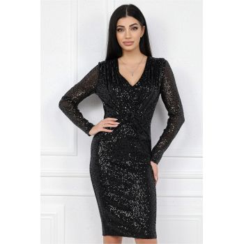 Rochie MBG eleganta din paiete negre cu pliuri pe bust