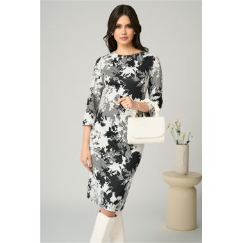 Rochie office din viscoza neagra cu imprimeu alb