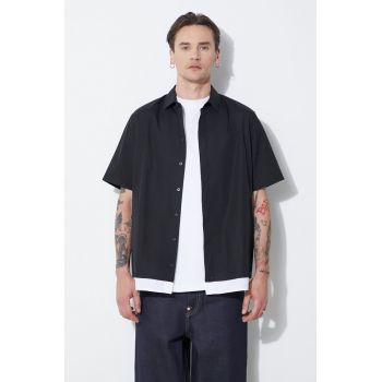 Neil Barrett camasa din bumbac Loose Double Layer Short Sleeve Shirt barbati, culoarea negru, cu guler clasic, regular, MY60218C-Y051-524N