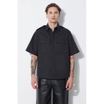 Neil Barrett camasa Loose Military Police Detail Short Sleeve Shirt barbati, culoarea negru, cu guler clasic, regular, MY60216A-Y037-001N