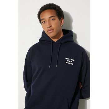 Drôle de Monsieur hanorac de bumbac Le Hoodie Slogan barbati, culoarea albastru marin, cu glugă, cu imprimeu, PERM-HO162-CO127-NY