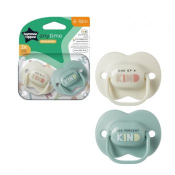 Set 2 Suzete ortodontice Tommee Tippee Anytime, 6-18 luni, Gri/Verde, cutie sterilizare