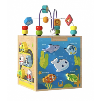 Cub Montessori cu activitati, 5 in 1, cu sortator de forme animale marine, din lemn