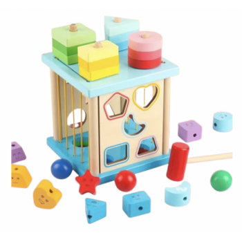 Cub Montessori cu activitati, 5 in 1, cu sortator de forme geometrice, din lemn