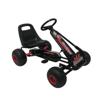 Kart cu Pedale pentru Copii Racer Air, Scaun Reglabil 2 Pozitii, Frana pe Rotile din Spate, Schimbator cu Functie Free Wheel, Negru-Rosu