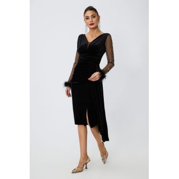 Rochie de ocazie din catifea cu strass-uri si pene Eralia Neagra