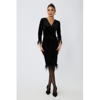 Rochie de ocazie din catifea cu pene Moze Hilton Neagra