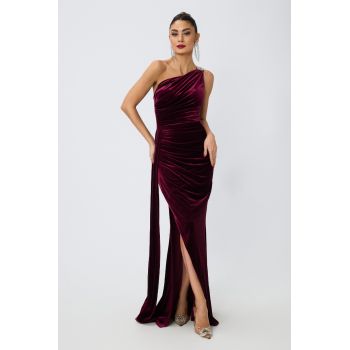 Rochie de ocazie din catifea one shoulder cu strass-uri Terezia Bordo