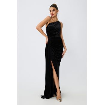 Rochie de ocazie din catifea one shoulder cu strass-uri Terezia Neagra