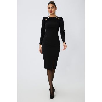 Rochie eleganta din crepe cu butoni aurii si crepeu in fata Moze Darlene Neagra