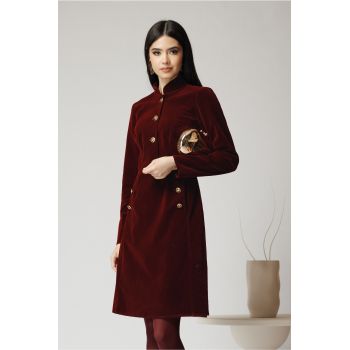 Rochie Moze eleganta din catifea burgundy cu nasturi pe bust si la buzunare