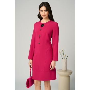 Rochie office din stofa fucsia cu accesoriu si nasturi