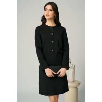 Rochie office din stofa neagra cu accesoriu si nasturi