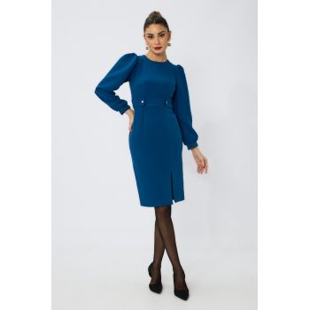 Rochie office midi din crepe cu maneci lungi Moze Ollma Albastra