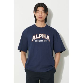 Alpha Industries tricou din bumbac College barbati, culoarea albastru marin, cu imprimeu, 146501