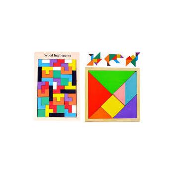 Joc Tangram Pachet 7 Piese Si Joc Tetris De Logica Cu Piese Din Lemn Multicolor