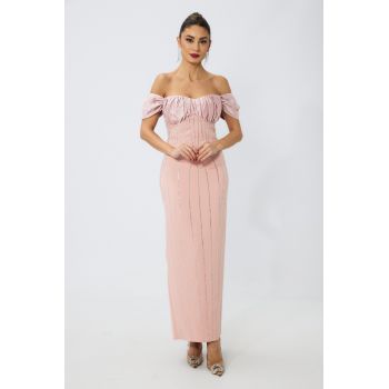 Rochie de ocazie premium din crepe cu strass-uri si bust incretit Adelais Rose