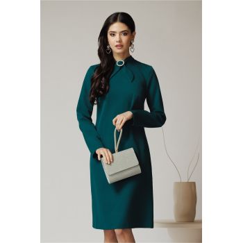 Rochie DY Fashion eleganta din stofa verde cu accesoriu la guler