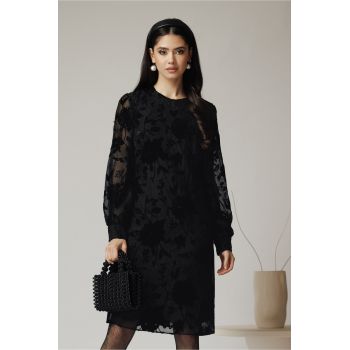 Rochie DY Fashion eleganta din tull neagra cu insertii din catifea si fir lurex argintiu