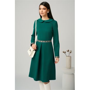 Rochie DY Fashion office din stofa verde cu banda in talie