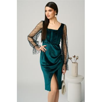 Rochie eleganta din catifea verde cu maneci din tull cu buline