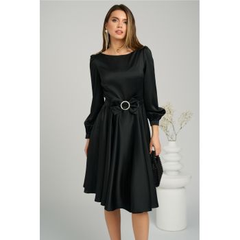 Rochie eleganta din satin neagra cu funda in talie