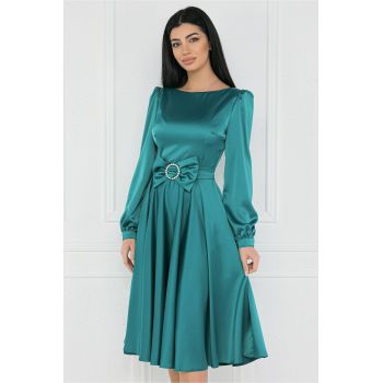 Rochie eleganta din satin turcoaz cu funda in talie