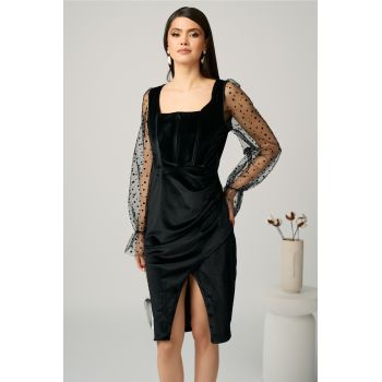 Rochie MBG eleganta din catifea neagra cu maneci din tull cu buline