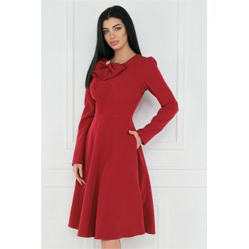 Rochie MBG office din stofa bordo cu funda maxi la bust