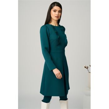 Rochie Moze office din stofa verde cu volane pe bust