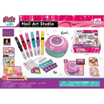 Set Nail Art Studio pentru Fete - Studio de Manichiura cu Uscator, Stilouri pentru Unghii, Stickere si Accesorii pentru Design Creativ