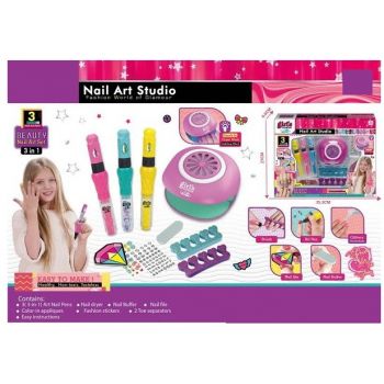 Studio Nail Art pentru Fete - Set de Infrumusetare 3 in 1 cu Uscator, Markere si Accesorii pentru Manichiura Creativa